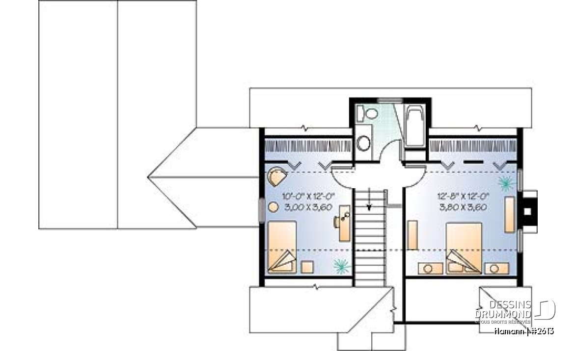 Étage - Plan de cottage de 2 chambres, bureau, garage rattaché par un passage couvert - Hamann