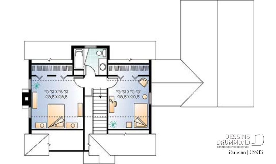 Étage - Plan de cottage de 2 chambres, bureau, garage rattaché par un passage couvert - Hamann