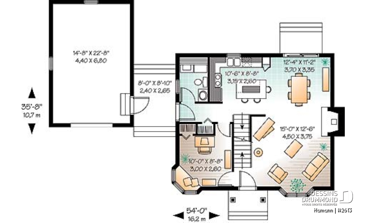 Rez-de-chaussée - Plan de cottage de 2 chambres, bureau, garage rattaché par un passage couvert - Hamann