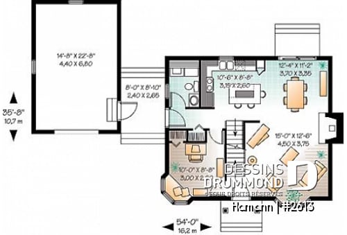 Rez-de-chaussée - Plan de cottage de 2 chambres, bureau, garage rattaché par un passage couvert - Hamann