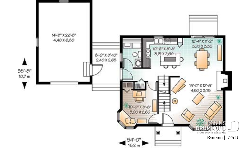 Rez-de-chaussée - Plan de cottage de 2 chambres, bureau, garage rattaché par un passage couvert - Hamann