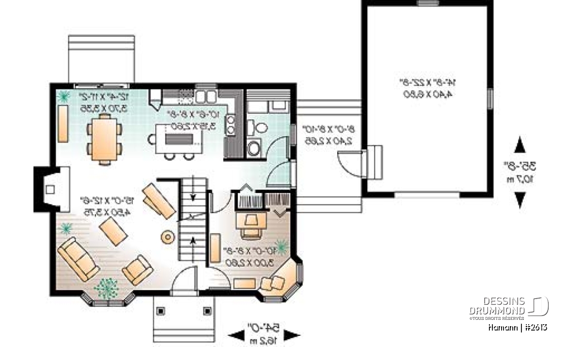 Rez-de-chaussée - Plan de cottage de 2 chambres, bureau, garage rattaché par un passage couvert - Hamann