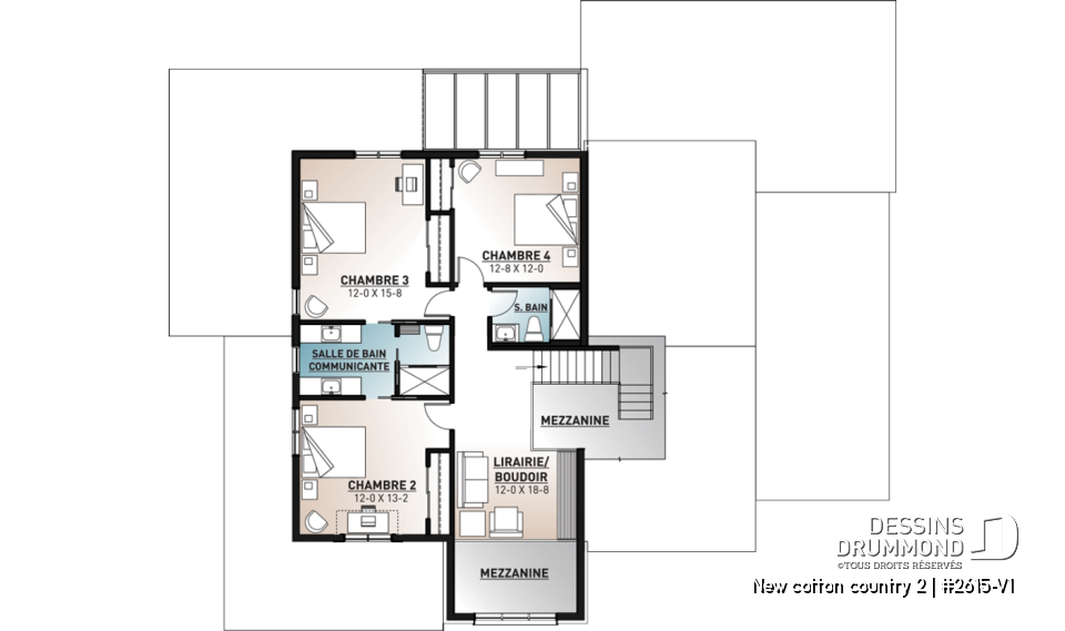 Étage - Plan de maison 4 chambres, style farmhouse américain, bureau à domicile, superbe terrasse, foyer, garde-manger - New cotton country 2