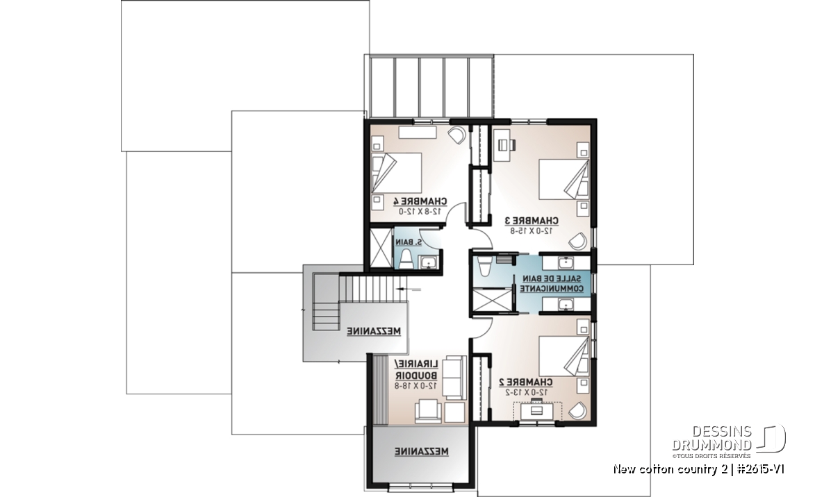 Étage - Plan de maison 4 chambres, style farmhouse américain, bureau à domicile, superbe terrasse, foyer, garde-manger - New cotton country 2