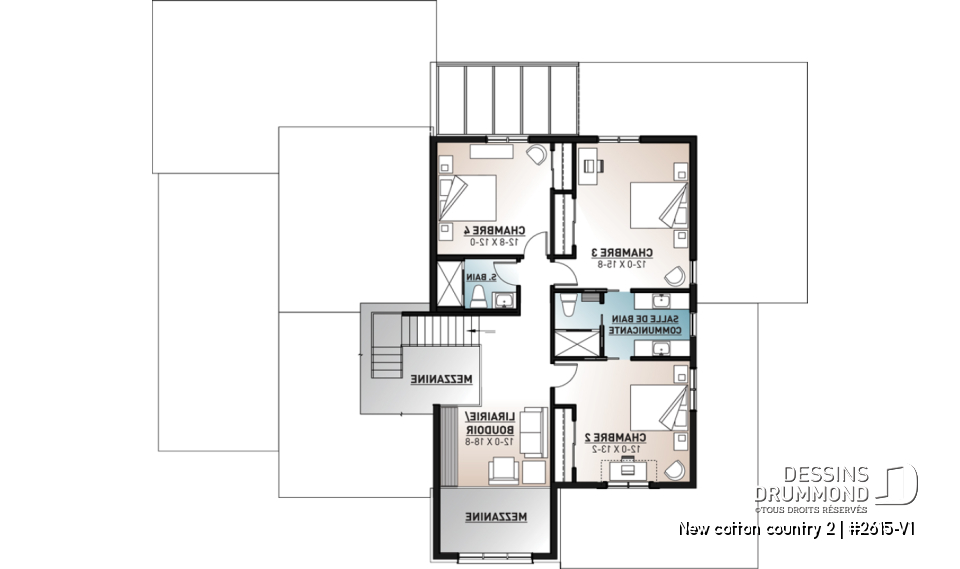 Étage - Plan de maison 4 chambres, style farmhouse américain, bureau à domicile, superbe terrasse, foyer, garde-manger - New cotton country 2