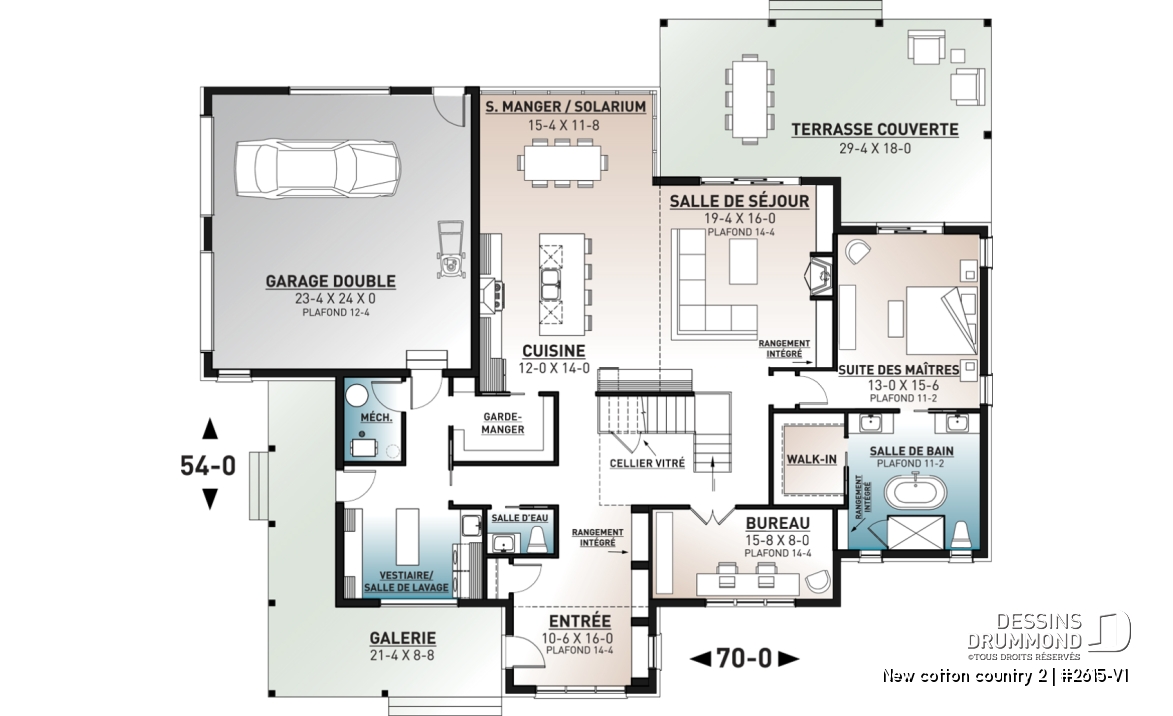 Rez-de-chaussée - Plan de maison 4 chambres, style farmhouse américain, bureau à domicile, superbe terrasse, foyer, garde-manger - New cotton country 2