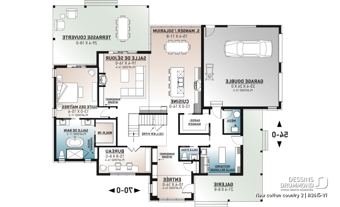 Rez-de-chaussée - Plan de maison 4 chambres, style farmhouse américain, bureau à domicile, superbe terrasse, foyer, garde-manger - New cotton country 2