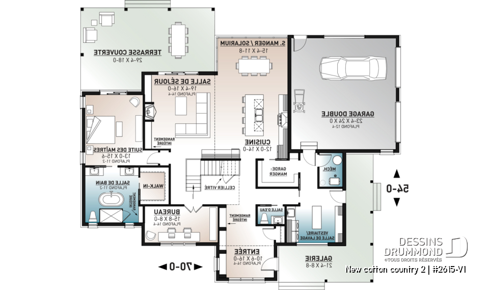 Rez-de-chaussée - Plan de maison 4 chambres, style farmhouse américain, bureau à domicile, superbe terrasse, foyer, garde-manger - New cotton country 2