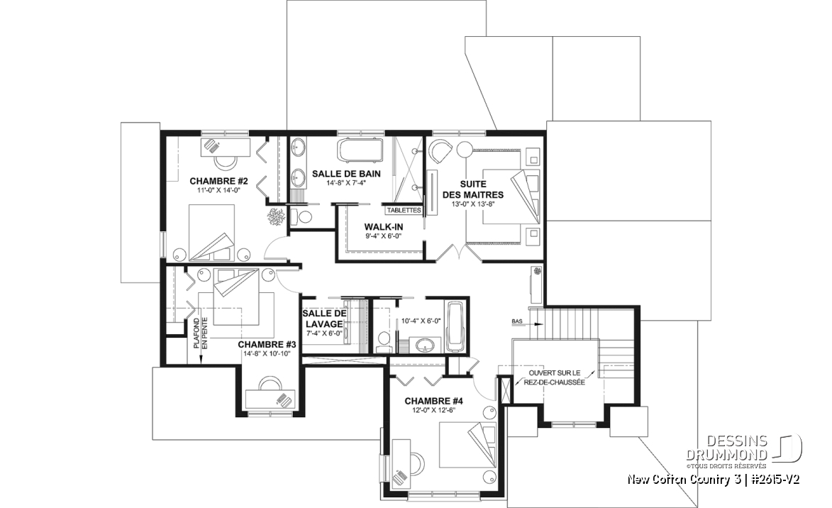 Étage - Plan de maison 4 chambres avec plafond cathédral, garage double et terrasse couverte - New Cotton Country 3