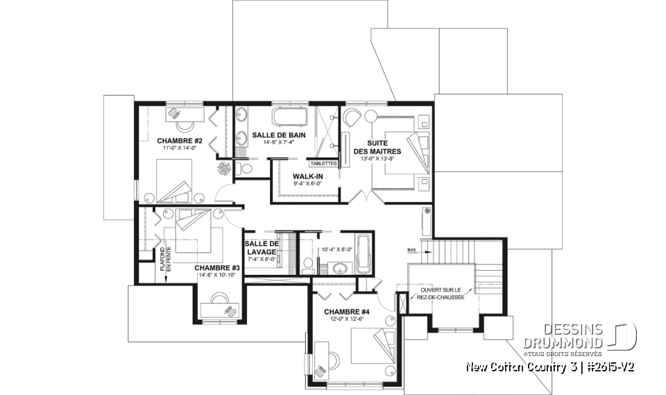 Étage - Plan de maison 4 chambres avec plafond cathédral, garage double et terrasse couverte - New Cotton Country 3