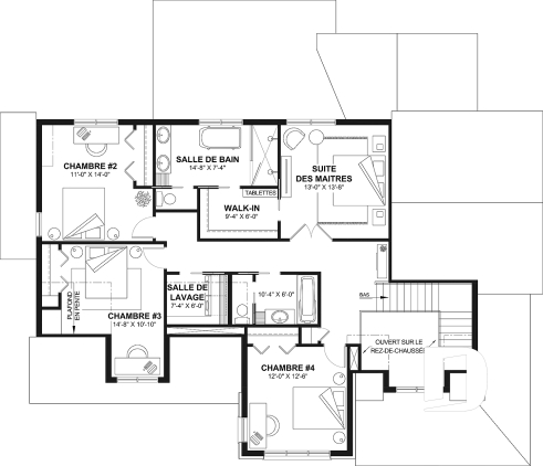 Étage - Plan de maison 4 chambres avec plafond cathédral, garage double et terrasse couverte - New Cotton Country 3