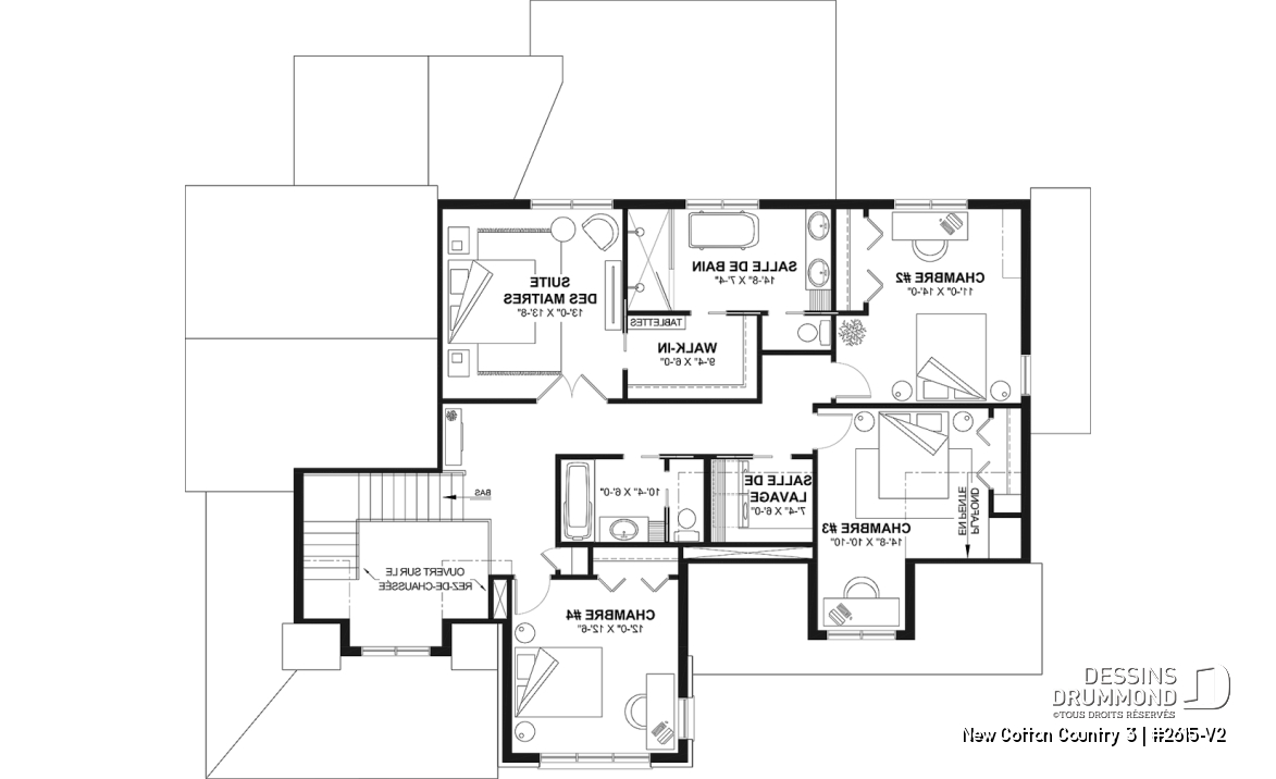 Étage - Plan de maison 4 chambres avec plafond cathédral, garage double et terrasse couverte - New Cotton Country 3