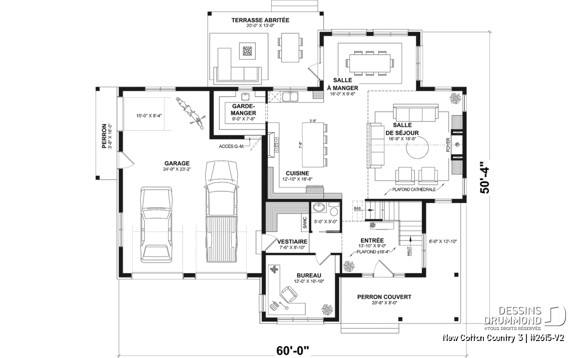 Rez-de-chaussée - Plan de maison 4 chambres avec plafond cathédral, garage double et terrasse couverte - New Cotton Country 3