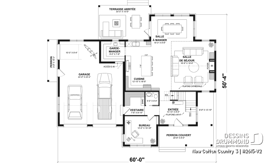 Rez-de-chaussée - Plan de maison 4 chambres avec plafond cathédral, garage double et terrasse couverte - New Cotton Country 3