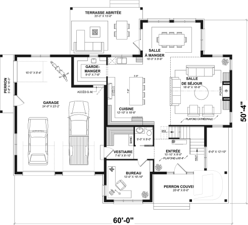 Rez-de-chaussée - Plan de maison 4 chambres avec plafond cathédral, garage double et terrasse couverte - New Cotton Country 3