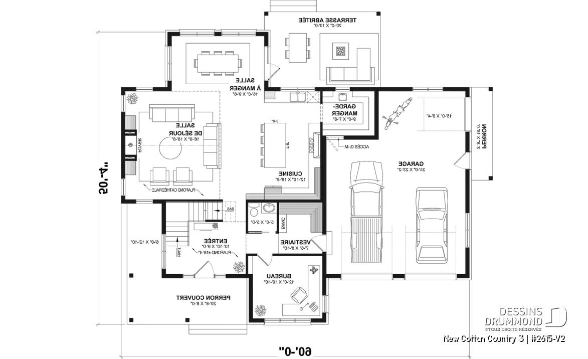 Rez-de-chaussée - Plan de maison 4 chambres avec plafond cathédral, garage double et terrasse couverte - New Cotton Country 3