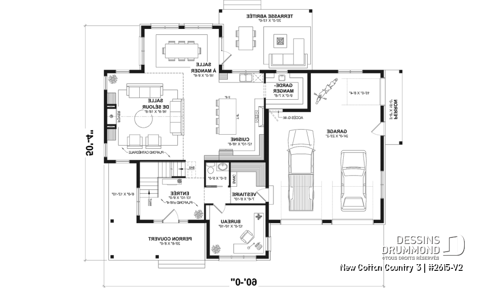 Rez-de-chaussée - Plan de maison 4 chambres avec plafond cathédral, garage double et terrasse couverte - New Cotton Country 3