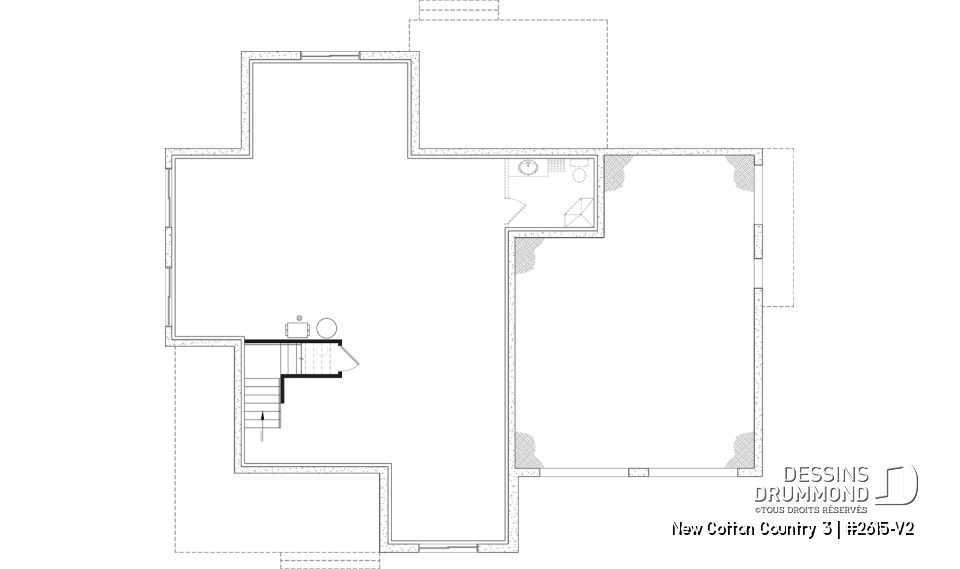 Sous-sol aménageable - Plan de maison 4 chambres avec plafond cathédral, garage double et terrasse couverte - New Cotton Country 3