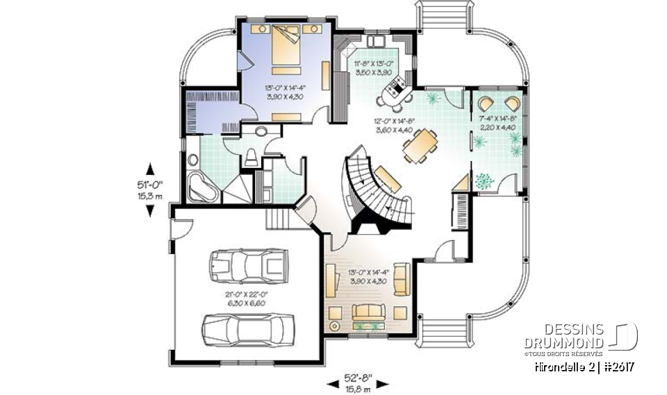 Rez-de-chaussée - Plan de maison Champêtre 4 chambres, garage double, chambre des maîtres r-d-c, solarium, 2 balcons abrités - Hirondelle 2