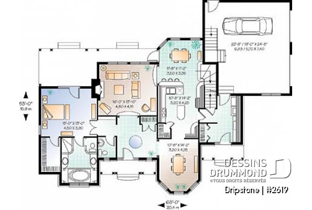 Rez-de-chaussée - Plan de style ranch, 3 chambres, garage double, foyer, grande buanderie, plafond 9', suite des parents - Dripstone