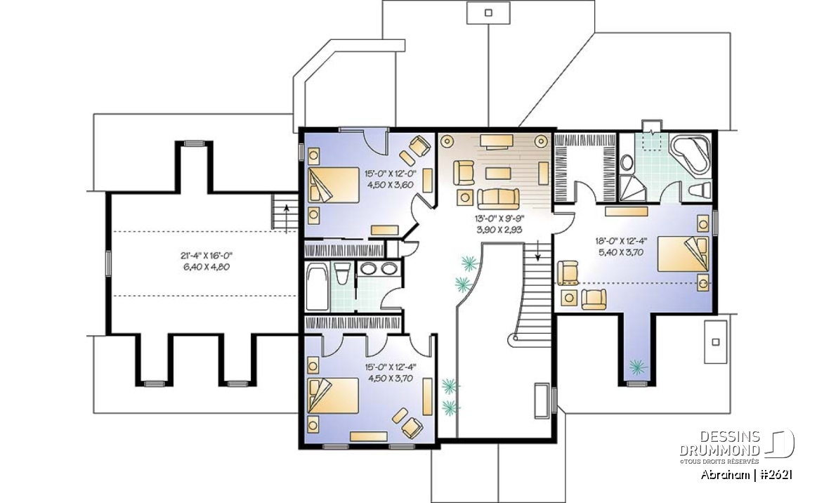 Étage - Plan de maison 4 chambres, garage triple, 3 salons, 2 foyers, superbe chambre parents, sous-sol à aménager - Abraham