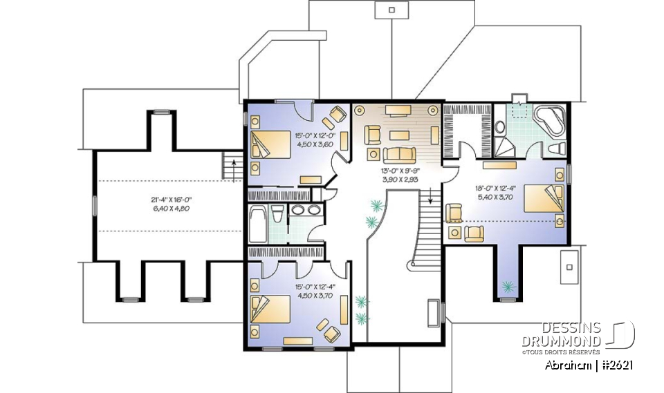 Étage - Plan de maison 4 chambres, garage triple, 3 salons, 2 foyers, superbe chambre parents, sous-sol à aménager - Abraham