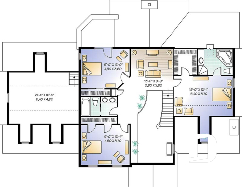 Étage - Plan de maison 4 chambres, garage triple, 3 salons, 2 foyers, superbe chambre parents, sous-sol à aménager - Abraham