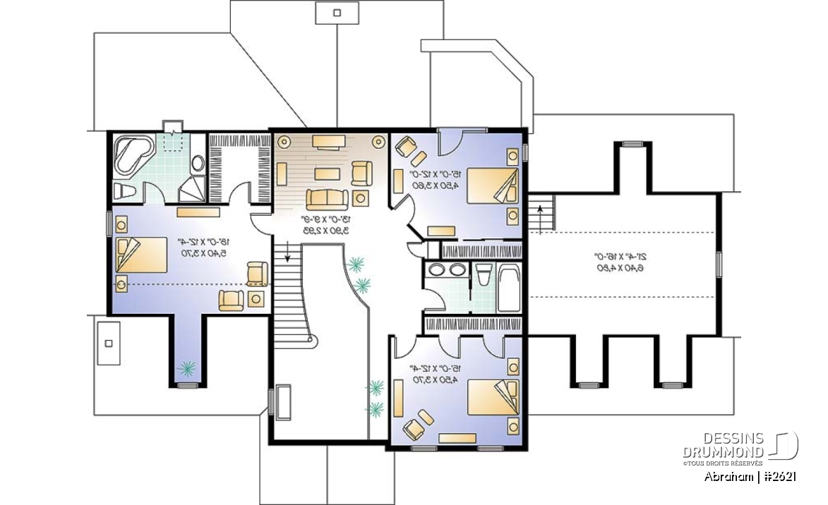Étage - Plan de maison 4 chambres, garage triple, 3 salons, 2 foyers, superbe chambre parents, sous-sol à aménager - Abraham