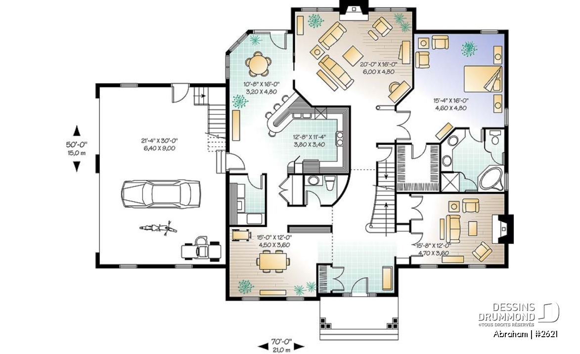 Rez-de-chaussée - Plan de maison 4 chambres, garage triple, 3 salons, 2 foyers, superbe chambre parents, sous-sol à aménager - Abraham