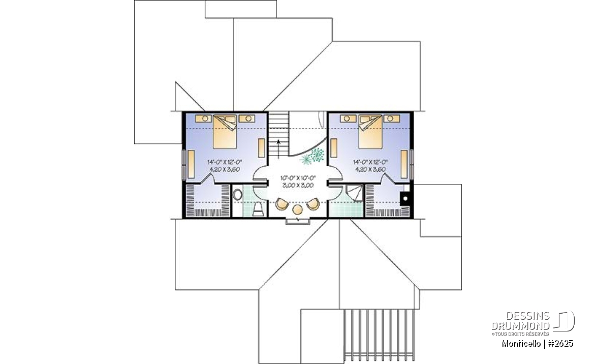 Étage - Plan de maison 3 chambres, style chalet, suite des maîtres avec accès au spa, grand salon, bel aménagement - Monticello