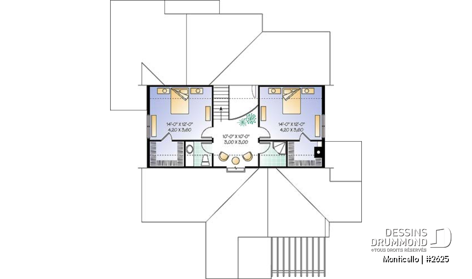 Étage - Plan de maison 3 chambres, style chalet, suite des maîtres avec accès au spa, grand salon, bel aménagement - Monticello