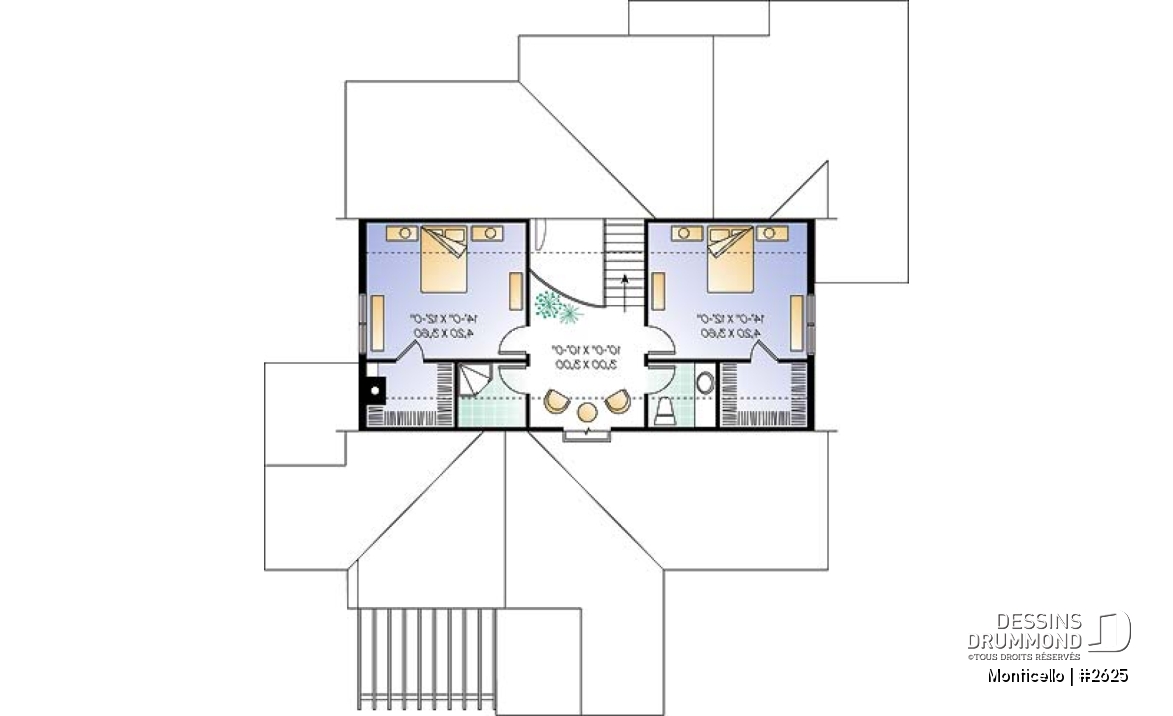 Étage - Plan de maison 3 chambres, style chalet, suite des maîtres avec accès au spa, grand salon, bel aménagement - Monticello