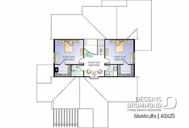 Étage - Plan de maison 3 chambres, style chalet, suite des maîtres avec accès au spa, grand salon, bel aménagement - Monticello
