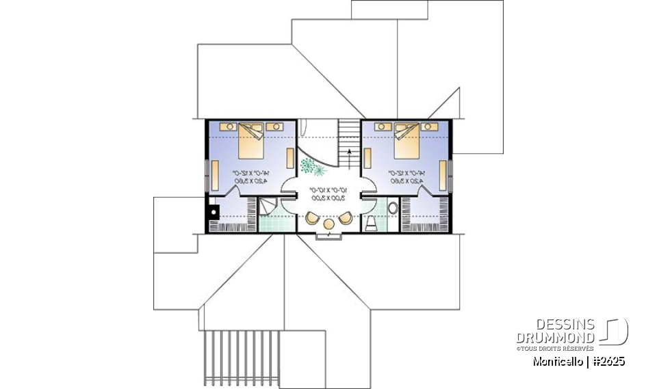 Étage - Plan de maison 3 chambres, style chalet, suite des maîtres avec accès au spa, grand salon, bel aménagement - Monticello