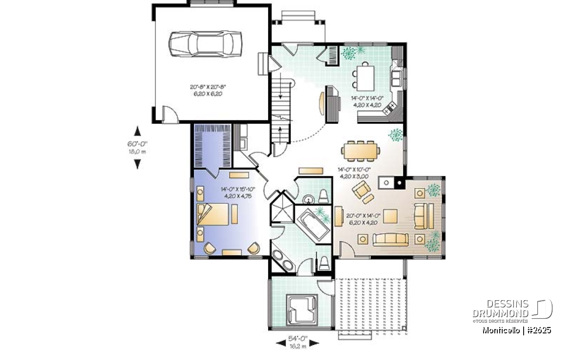 Rez-de-chaussée - Plan de maison 3 chambres, style chalet, suite des maîtres avec accès au spa, grand salon, bel aménagement - Monticello