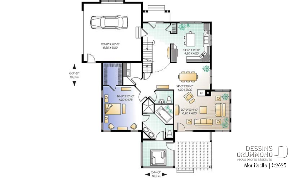 Rez-de-chaussée - Plan de maison 3 chambres, style chalet, suite des maîtres avec accès au spa, grand salon, bel aménagement - Monticello
