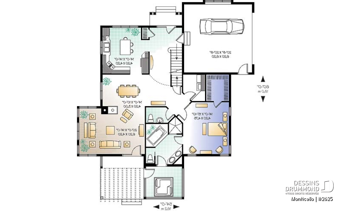 Rez-de-chaussée - Plan de maison 3 chambres, style chalet, suite des maîtres avec accès au spa, grand salon, bel aménagement - Monticello