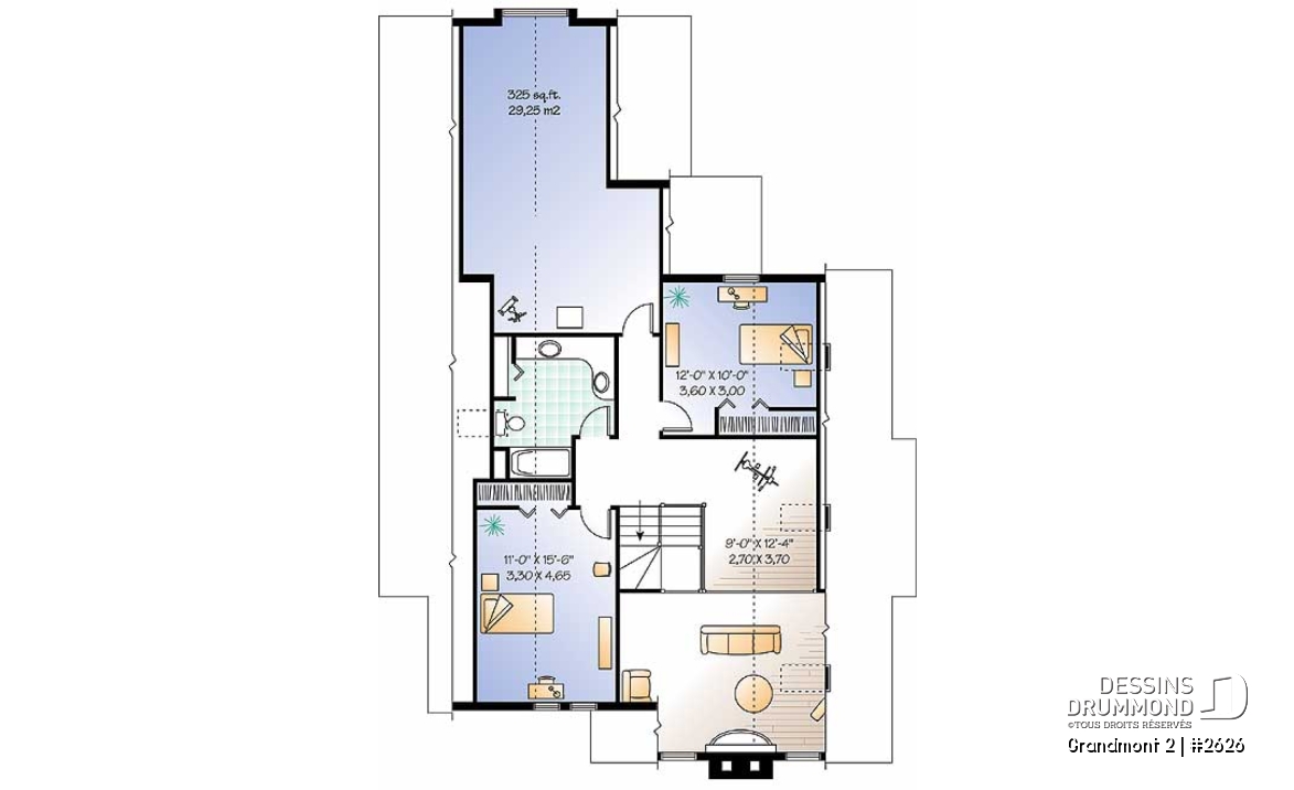 Étage - Plan de maison style chalet 3 chambres pour vue panoramique, garage, foyer, grande terrasse - Grandmont 2
