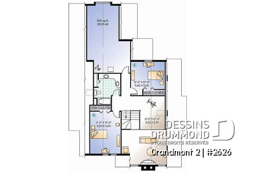 Étage - Plan de maison style chalet 3 chambres pour vue panoramique, garage, foyer, grande terrasse - Grandmont 2