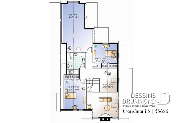 Étage - Plan de maison style chalet 3 chambres pour vue panoramique, garage, foyer, grande terrasse - Grandmont 2