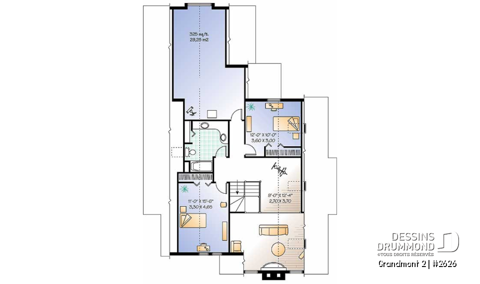 Étage - Plan de maison style chalet 3 chambres pour vue panoramique, garage, foyer, grande terrasse - Grandmont 2