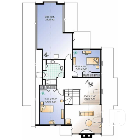 Étage - Plan de maison style chalet 3 chambres pour vue panoramique, garage, foyer, grande terrasse - Grandmont 2