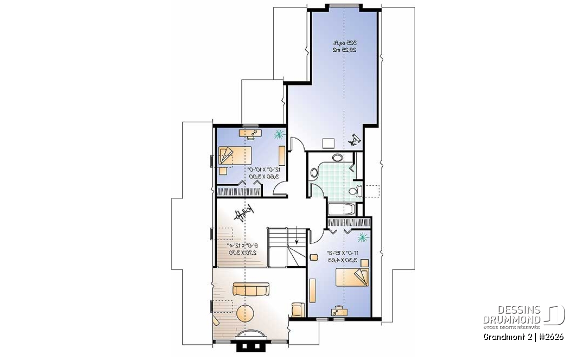 Étage - Plan de maison style chalet 3 chambres pour vue panoramique, garage, foyer, grande terrasse - Grandmont 2