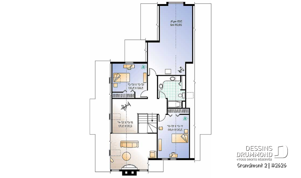 Étage - Plan de maison style chalet 3 chambres pour vue panoramique, garage, foyer, grande terrasse - Grandmont 2