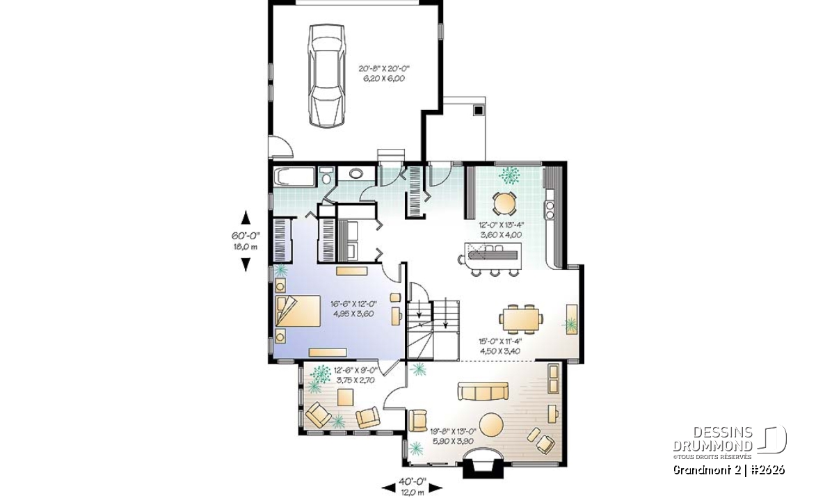 Rez-de-chaussée - Plan de maison style chalet 3 chambres pour vue panoramique, garage, foyer, grande terrasse - Grandmont 2