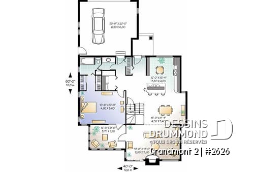 Rez-de-chaussée - Plan de maison style chalet 3 chambres pour vue panoramique, garage, foyer, grande terrasse - Grandmont 2