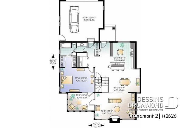 Rez-de-chaussée - Plan de maison style chalet 3 chambres pour vue panoramique, garage, foyer, grande terrasse - Grandmont 2