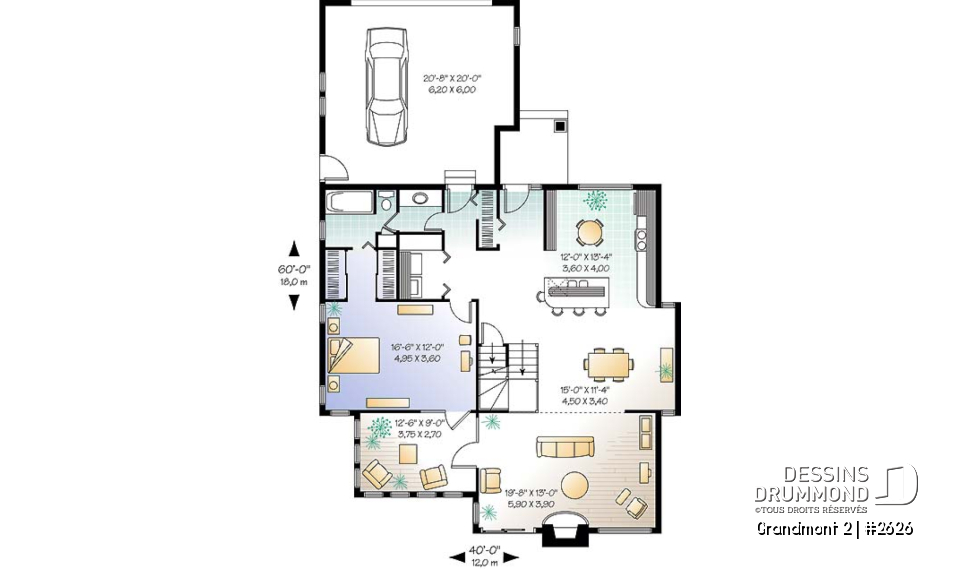 Rez-de-chaussée - Plan de maison style chalet 3 chambres pour vue panoramique, garage, foyer, grande terrasse - Grandmont 2