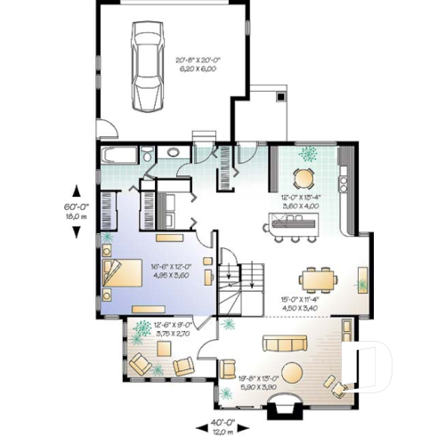 Rez-de-chaussée - Plan de maison style chalet 3 chambres pour vue panoramique, garage, foyer, grande terrasse - Grandmont 2