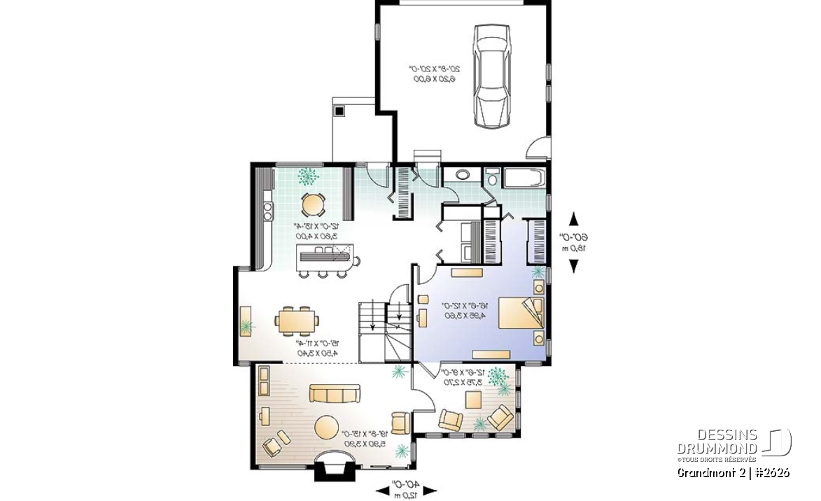 Rez-de-chaussée - Plan de maison style chalet 3 chambres pour vue panoramique, garage, foyer, grande terrasse - Grandmont 2